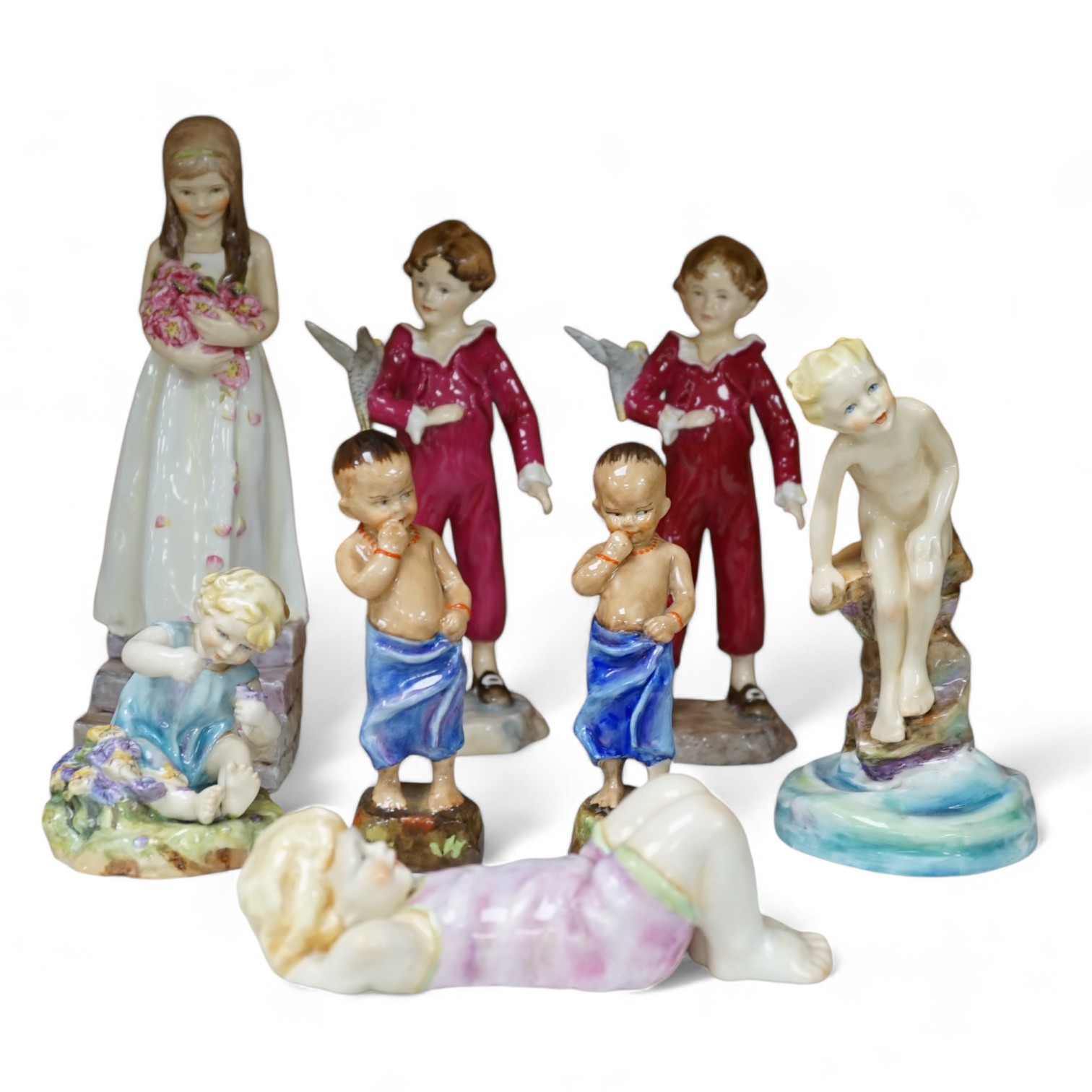 Eight various Royal Worcester F.G. Doughty figures including Happy Boy, Water Baby, Mischief, Parakeet, etc. Condition - good